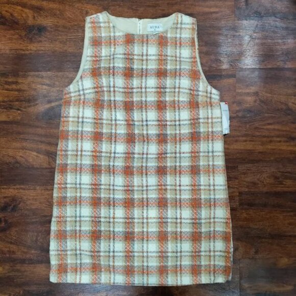 Aura Orange/Beige Plaid Retro 1970s Style Sleeveless Mini Dress Size Large NWT - Picture 3 of 10
